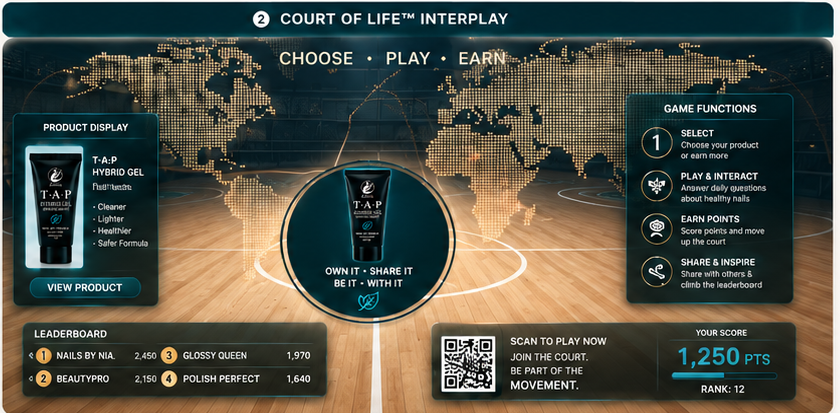 Court of Life interplay advertising example with product, world map, score, and QR code