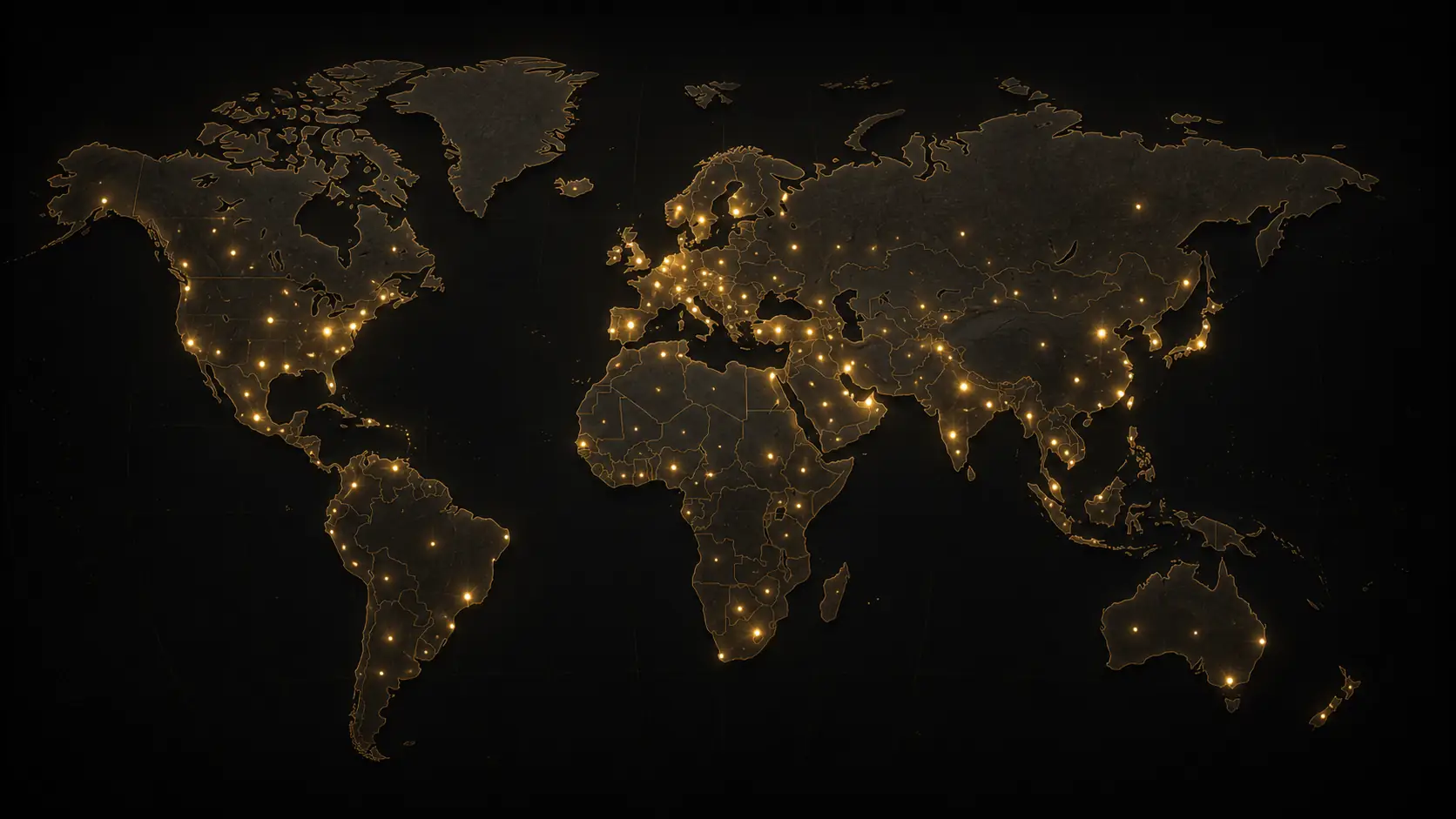 World map with city lights; use the region links placed on the map to explore by area.
